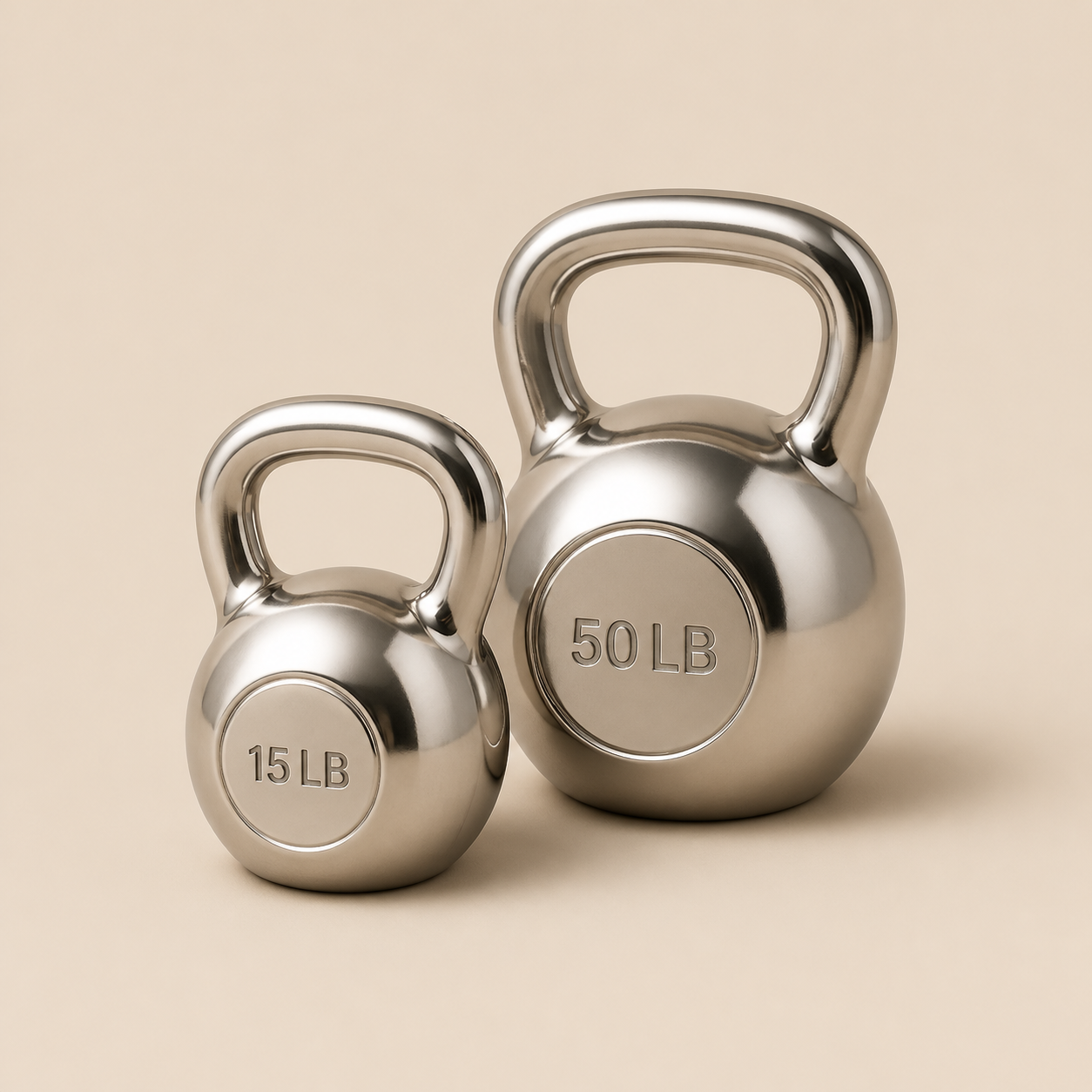 Two chrome kettlebells labeled 15 LB and 50 LB.